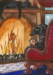 PRINT OF PAINTING RYTA GOTHIC FOLK CROW RAVEN BLACK CAT HALLOWEEN WITCH ART 5×7