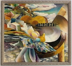 American 20th C, Vintage Batik Painting, Cubist Still Life Guitar Landscape