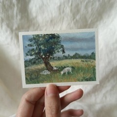 ACEO Original Countryside Sheep Tree Landscape Impressionist Oil Pastel Art