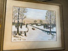 Geo E Wickers „Winter Landscape Scene“ Gouache/Watercolor Painting – Framed