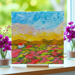 Original Oil Painting Tuscany Wildflowers Red Roofs Handmade Impasto Wall Art