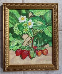Strawberry, Fruit, Original Acrylic Painting, Framed, Art, 13.5 x 16.5 inches