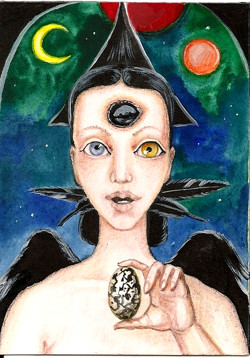 ACEO RAVEN CROW RYTA GOTHIC WICCA HALLOWEEN WITCH ANGEL Folk art pagan magic 🌗