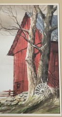 Original 1975 Donald Trudell Watercolor – Red Barn Winter Scene, Michigan Artist