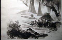 CIRCA 1950 6 JAPAN WATERCOLOR BLACK INK WASH ORIGINALS KATSUTARO FURUYA ASIA ART
