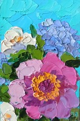 Original Art Oil Painting Pink Peonies Flowers Artwork on Panel 6x4in