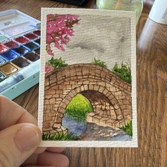 Donna Hawk ACEO Original Watercolor Stone Bridge River Flowers Signed Unframed