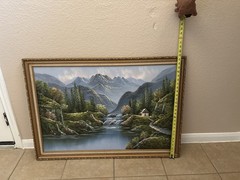 MARTEN Signed Framed Realism Landscape Painting Mountains Waterfall 25×39″