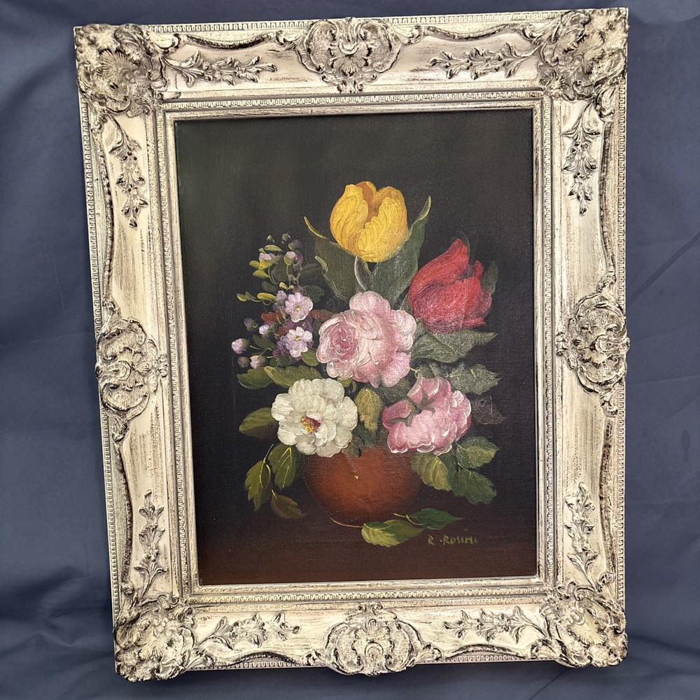 Vintage R. Rosini Oil Painting Floral 11”x16” with carved wooden frame 21.5”x18”