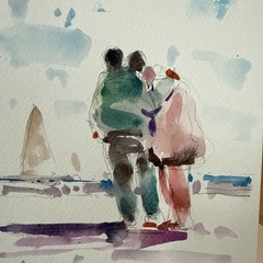 Jose Trujillo Quiet Walk Original Watercolor, Rare Collectible, Beach Romance