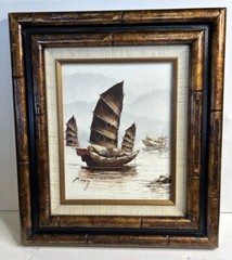 P. Wong Chinese Junk Boats oil painting on canvas, faux bamboo frame