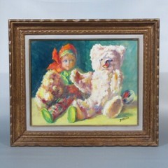 Vintage French Oil Painting, Doll and Teddy Bear, Toys, Signed