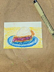 aceo original art cards, cherry pie. whipped cream , blue plate oil pastel