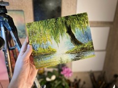Original Oil Painting Weeping Willow Landscape, Peacefulness River Nature Art