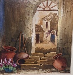 Vtg Neva Stone Arch Pink Flowers Architecture W/C Painting 8.75”W 10.5”T Framed