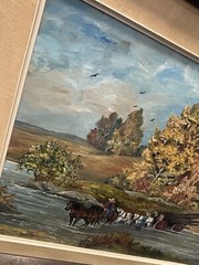 Vintage Original Signed, Framed, Matted, Oil Painting On Board. Horse Wagon