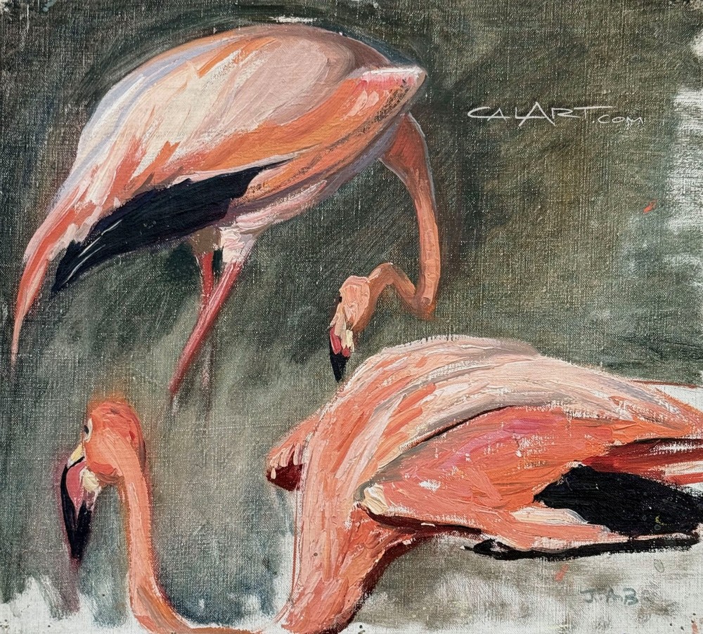 1920s Flamingos Bird Oil Painting by Important Female Artist JESSIE ARMS BOTKE