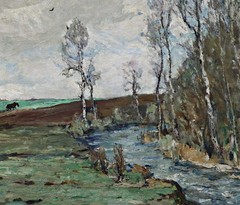 Ernst Kolbe Oil Painting Landscape With Creek Birches Horse Signed Framed