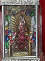 Mexican Folk Art Fabulous Virgin Of Guadalupe Tin & Glass Shrine From Oaxaca