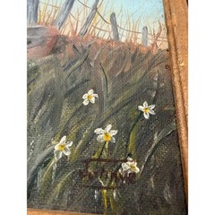 Original Landscape Oil Painting in Rustic Wood Frame Wildflower Farm Country