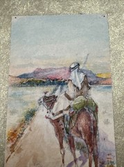 ORIENTALIST LANDSCAPE PAINTING ANTIQUE 1910’S SMALL ROAD TO MECCA MAN ON CAMEL