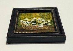 Vintage Mini Oil Painting Daisies Basket Signed EMIG Framed 5×6” Cottage Floral