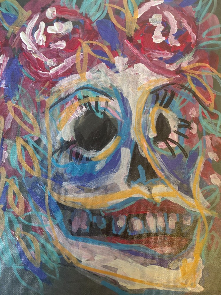 Skull Roses Gothic Mexican Original Acrylic Painting On Canvas Board 8×10
