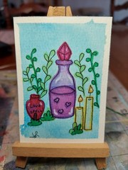 ACEO Watercolor 2.5×3.5 Painting Spooky Cute Love Potion bottles spells plants