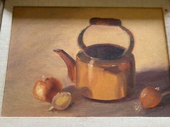 Original 10×14”,22×18 Frame Still Life Copper Tea Kettle W/Onions by Nell Peel