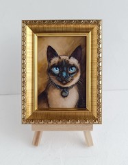 Siamese Cat ACEO Original Oil Painting Framed Miniature Art 2.5×3.5″