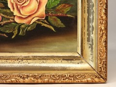 Antique C.1880 Primitive Roses Bouquet of Flowers on a Table Top O/C Painting