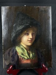 Antique Oil On Wood Panel Young Girl Signed Muller Miller ?