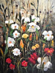 Original 30in x 40in colorful garden flowers painting on a gallery wrap canvas.
