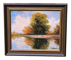 Autumn Lakescape With Reflection Oil Painting On Canvas, Signed, Framed