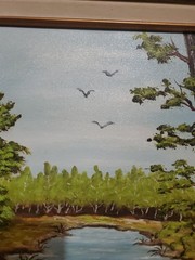 Original oil painting Vibrant!!! Blue Flowers Pond Forest Landscape SIGNED