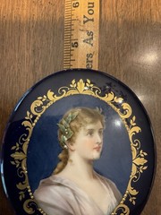 Antique Porcelain Plaque Painting Portrait Young Lady Flowers in Gold Blue Frame