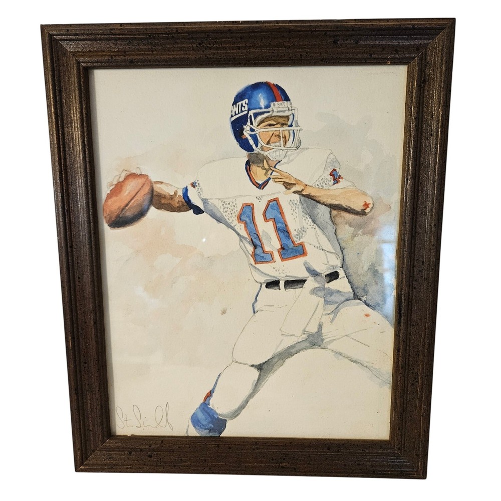 Phil Simms New York Giants Framed Watercolor Painting Signed Sports Art 9×11