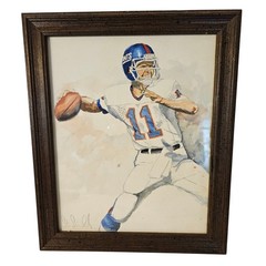 Phil Simms New York Giants Framed Watercolor Painting Signed Sports Art 9×11