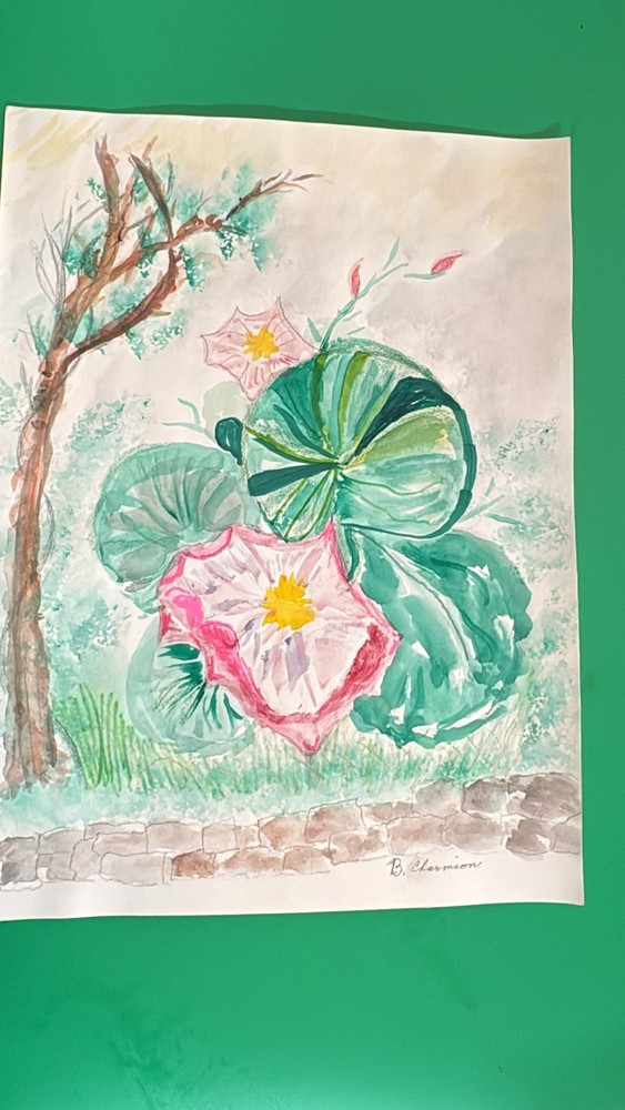 Original Watercolor Morning Glory Pink Flower Garden Wall Signed 9×12 Unframed