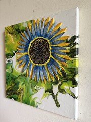 Sculpted Sunflower Painting/Blue And Yellow Flower Art/12 X 12