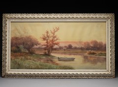 1891 Francis Wheaton Cows In Pasture with Row Boat and Sunset WC Painting