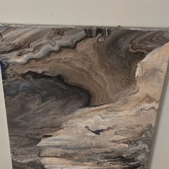 Abstract Fluid Art Canvas Painting Gray Black Beige Swirl Design, Unframed