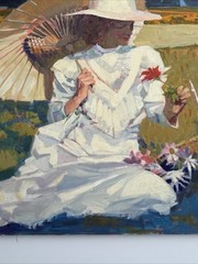NEIL BOYLE PAINTING PRETTY WOMAN FEMALE MODEL PARK FLOWERS 24 BY 36 INCHES OIL