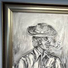 Vintage „Man Smoking A Pipe” Black / White Painting – Signed And Framed 32 x 29