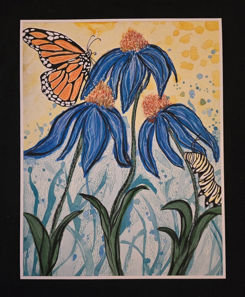 ‚Change‘ Fine Art Print monarch butterfly and caterpillar blue cone flowers