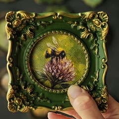 Miniature Bee Wall Art in Ornate Green Frame | Bumblebee Painting | Nature Lover