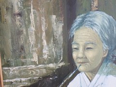 Mid Century Bakjo Kim South Korea Artist Oil on Canvas Painting Elder Man Woman