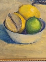Original Oil on Board Signed M.C. Paine Still Life Painting Wine/Florals/Fruit