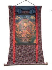 GURU PADMASAMBHAVA OIL VARNISHED TIBETAN THANGKA PAINTING WITH COTTON BROCADE
