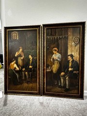 Set of 2 Framed Oil Paintings by Meyer w/ COA – Signed, European – 111x62cm VTG